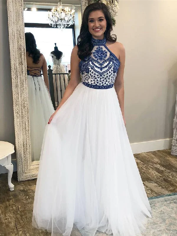 Get It Before It’s Gone Halter Prom Dresses Open Back High Neck Aline Long Embroidery Tulle White Prom Dress JKL1640