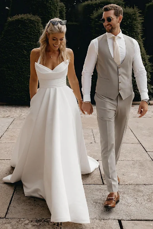 Best Deals v-neck dressA Line V neck Satin Pleats Simple Rustic Wedding Dress Beach Bridal Gown QW2265