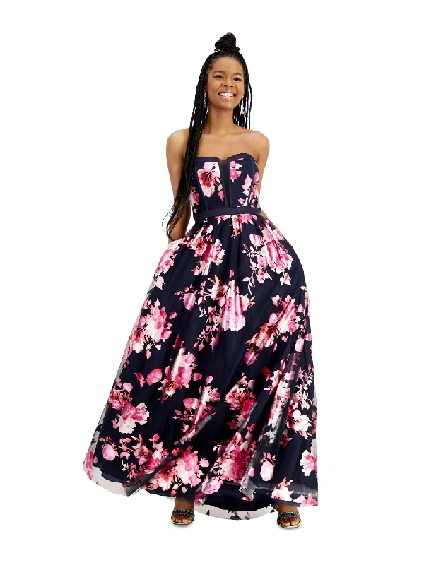 Instant Savings TEEZE ME Womens Floral Sleeveless Strapless Full-Length Formal Fit + Flare Dress Instant Savings TEEZE ME Womens Floral Sleeveless Strapless Full-Length Formal Fit + Flare Dress