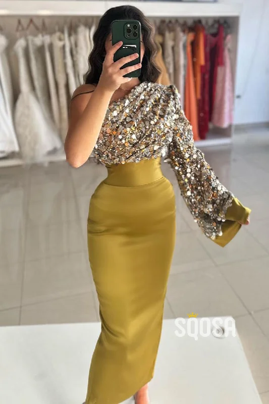 Deal of the Week chic wrap dressSequins One Shoulder Green Long Sleeves Prom Dress Evening Gowns QP3194