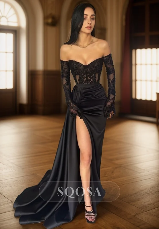 Unbeatable Prices bodycon dressSheath Sweetheart Satin Pleated Lace Appliques Black Log Prom Formal Dress