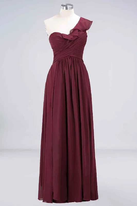 Deal Mania wool dressBurgundy A-line Asymmetrical Ruffle Neck Pleated Chiffon Long Bridesmaid Dress