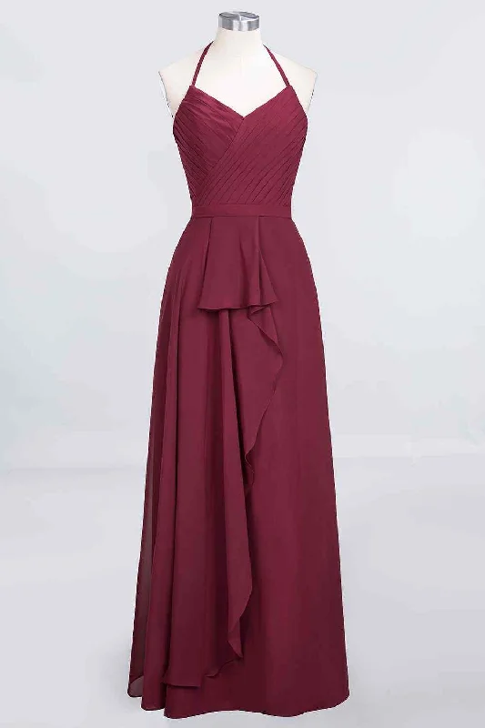 Big Savings midi dressBurgundy A-line Halter Neck Cut-Out Chiffon Ruffle Long Bridesmaid Dress
