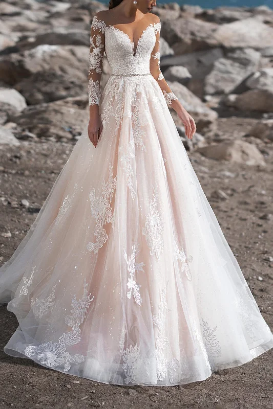 Mega Sale midi dressA Line Illusion Neckline Lace Appliqued Long Sleeves Rustic Wedding Dress QW2268