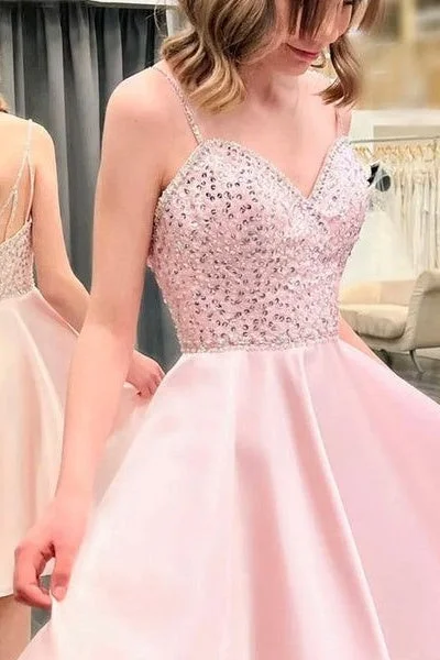 Act Fast oversized dressPink Satin Beaded Short Cute A-Line Backless Party Prom Dress Homecoming Dresses
