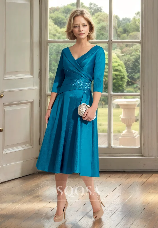 Exclusive Savings casual summer dressHalf-Sleeves V-Neck Midi A-Line Mother of the Bride Dress Pleated Beaded Applique Cocktail Dress