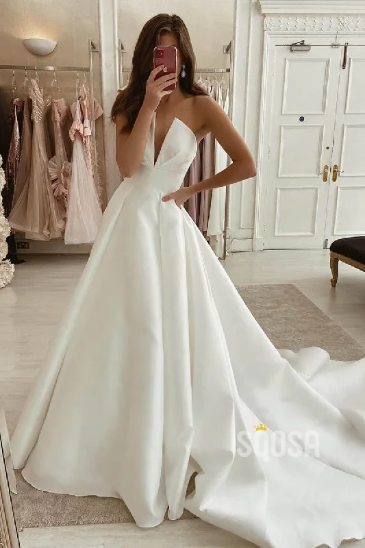 Mega Deal fitted dressA-line Attractive V-neck Ivory Satin Simple Wedding Dress Rustic Bridal Gowns QW2099