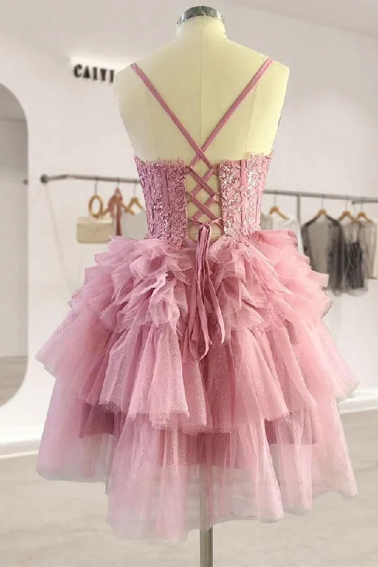 Lowest Price ruffle dressBlush Appliques Tiered Ruffle Short Homecoming Dress