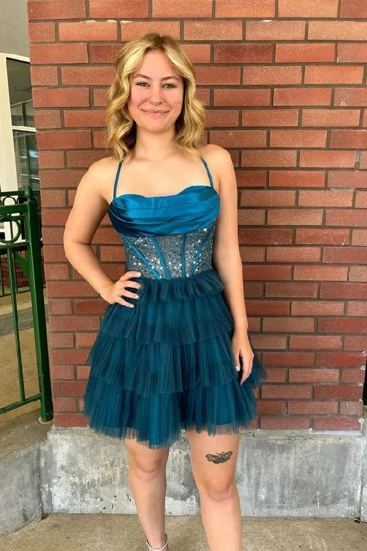 Hurry In denim dressPeacock Corset A-line Ruffle Short Homecoming Dress