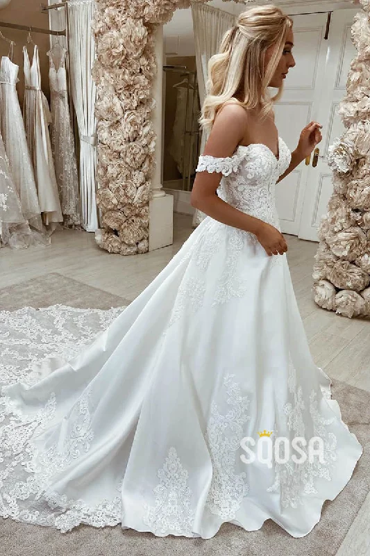 Hot Deal v-neck dressUnique Off-Shoulder Exquisite Lace Appliques A-line Wedding Dress with Court Train QW2557