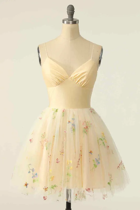 Low Prices boho dressLight Yellow A-line Spaghetti Straps Appliques Tulle Mini Homecoming Dress