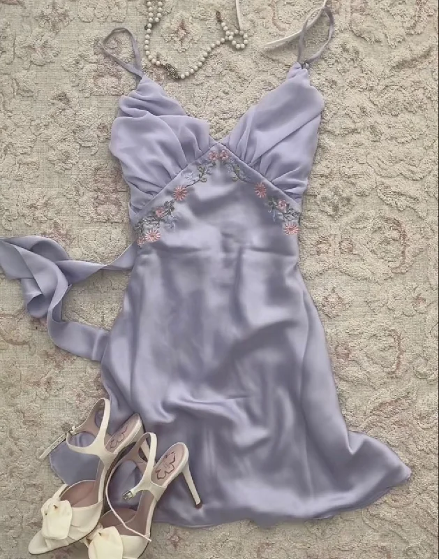 Shop and Save high-waisted dressLight Purple V Neck Homecoming Dress,Sexy Party Dress Y2971