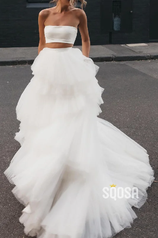 Holiday Sale elegant maxi dressChic Tulle A-Line Strapless Two-Piece Tiered With Train Wedding Dress QW8203