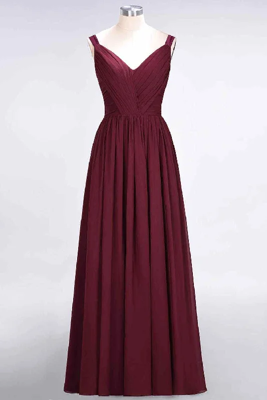 Loyalty Reward midi dressBurgundy A-line V Neck Sheer Straps Pleated Chiffon Long Bridesmaid Dress