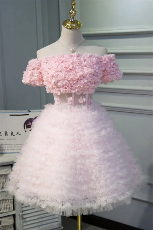Blowout Sale fitted cocktail dressPink Off-the-Shoulder Flowers Ruffles Tulle Homecoming Dress