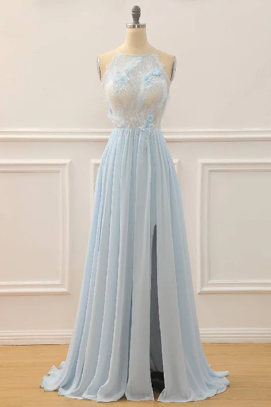 Warehouse Sale cocktail dressSky Blue A-line Bateau Tulle 3D Applique Long Prom Dress Warehouse Sale cocktail dressSky Blue A-line Bateau Tulle 3D Applique Long Prom Dress