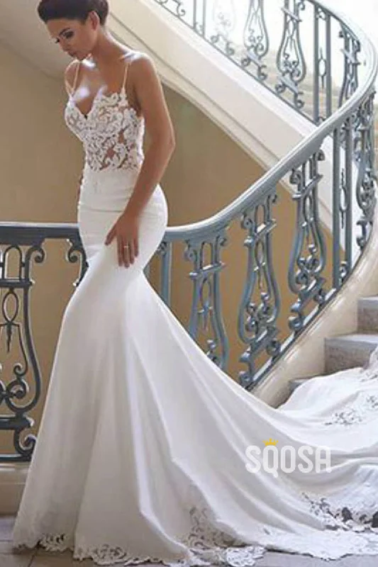 Markdowns romantic dressSpaghetti Straps Exquisite Lace Wedding Dress Mermaid Gown QW2519