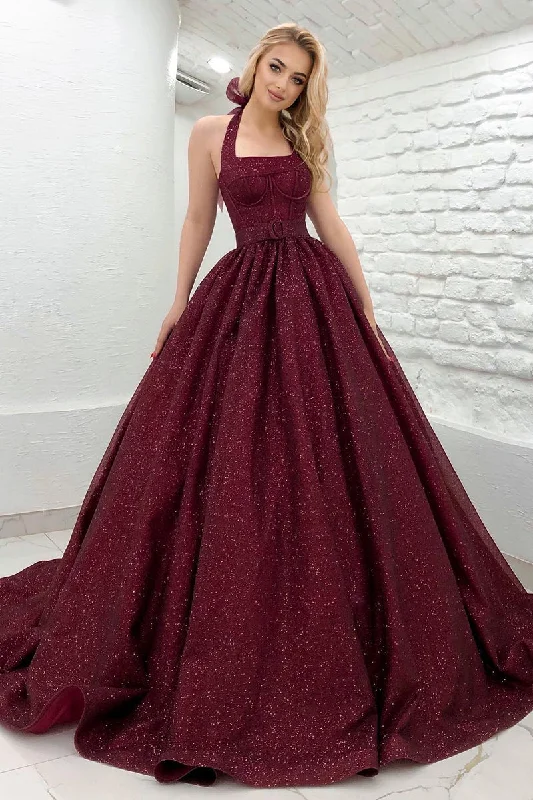 Clearance Items vintage dressUnique Halter Burgunyd Long Prom Dress Glitter QP0857