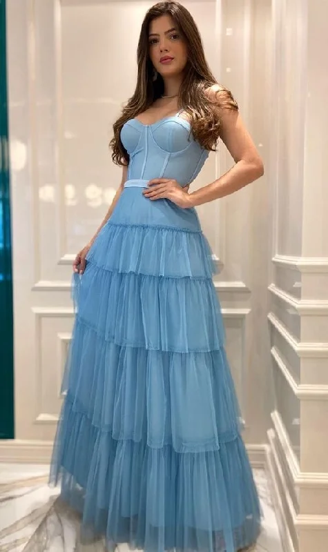 Year-End Sale sleek dressLight Blue Spaghetti Straps Tulle Tiered Prom Dress Y2743