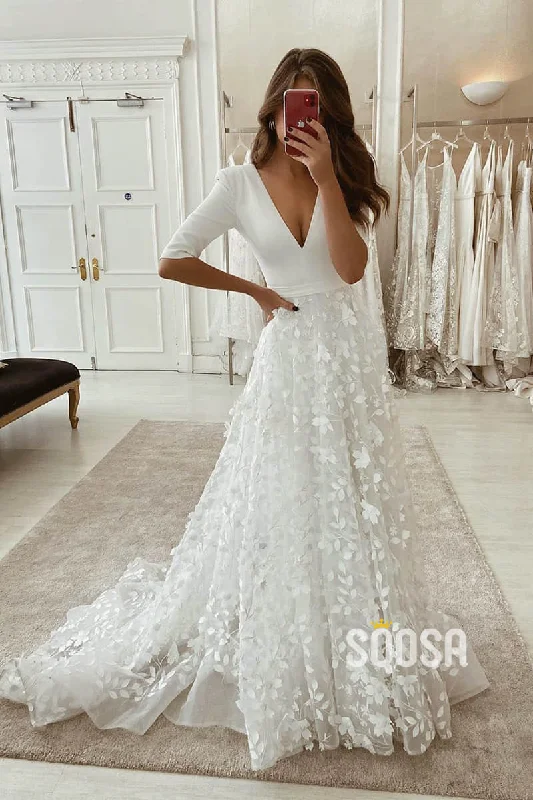 Weekend Flash Sale ruffle dressA-line Attractive V-neck Half Sleeves Lace Wedding Dress Rustic Wedding Gown QW2244
