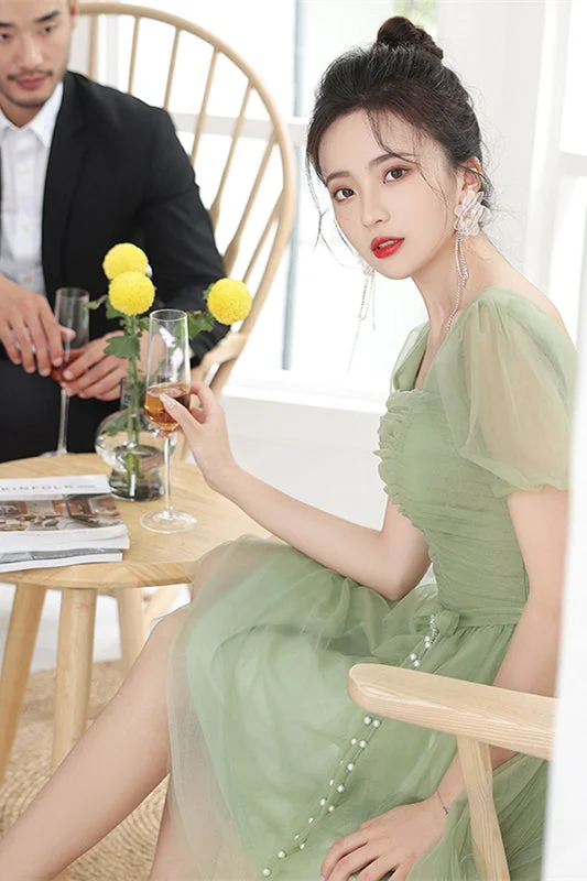 Unmissable Offer midi dressSage Green Tulle Square Neck Beaded Homecoming Dress