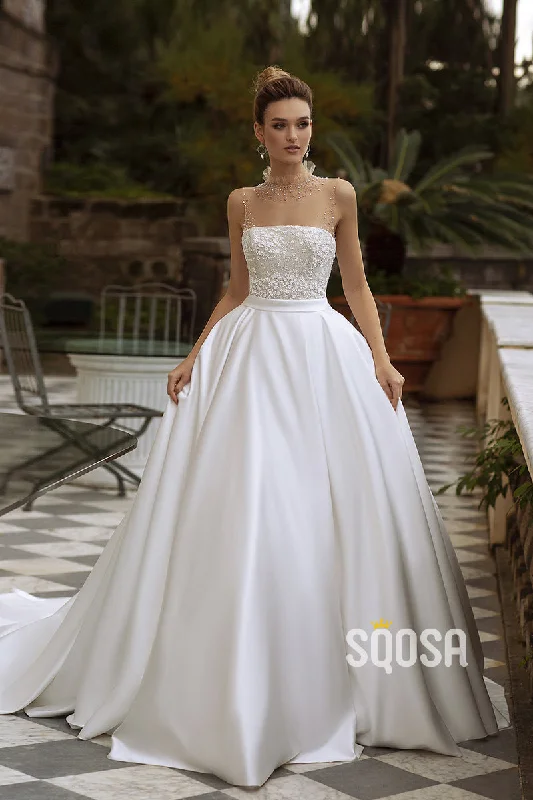 Final Clearance party dressIllusion neckline Pearls Strapless Satin Wedding Dress Bridal Gowns With Train QW8073 Final Clearance party dressIllusion neckline Pearls Strapless Satin Wedding Dress Bridal Gowns With Train QW8073