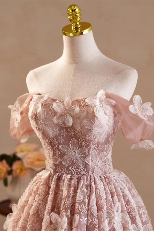 Unmissable Offer fitted cocktail dressPink Vintage Off the Shoulder Flower Appliques Homecoming Dress