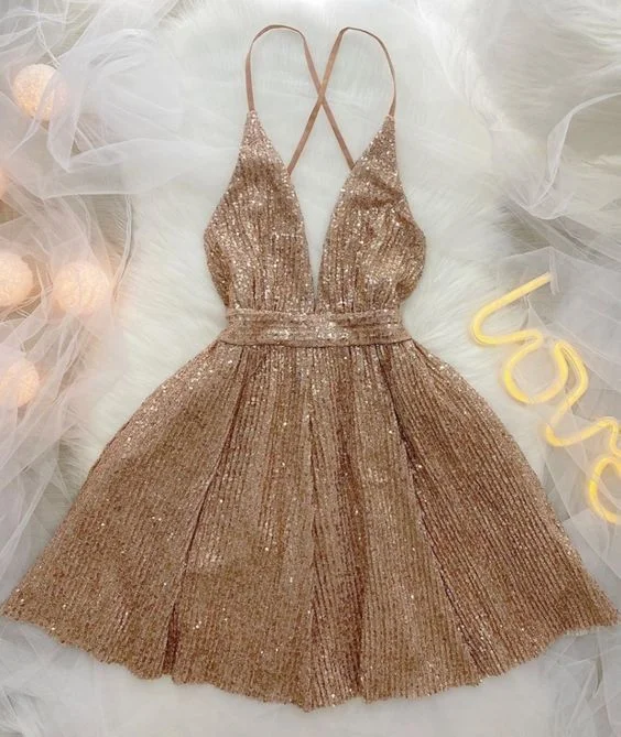 Deal Dash casual shift dressSexy Deep V Neck Sequins Homecoming Dress,Birthday Party Dress  Y2999