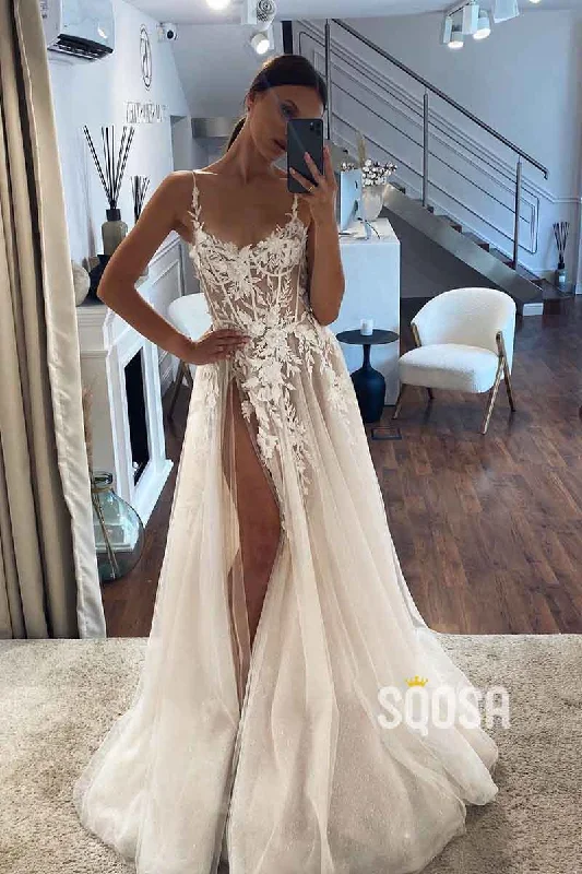 Clearance Event chic wrap dressA Line Scoop Lace Appliques Boho Wedding Dress with Slit QW2512