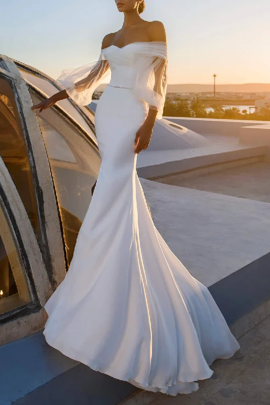 Deal Explosion summer dressUnique Off Shoulder Long Sleeves Mermaid Wedding Dress QW2622