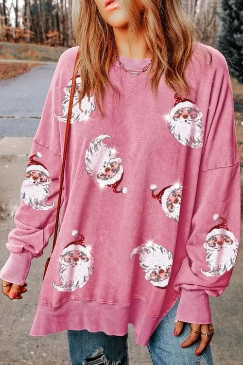 Closeout minimalistic workout hoodieSequin Santa Pink Drop Shoulder Slit Sweatshirt