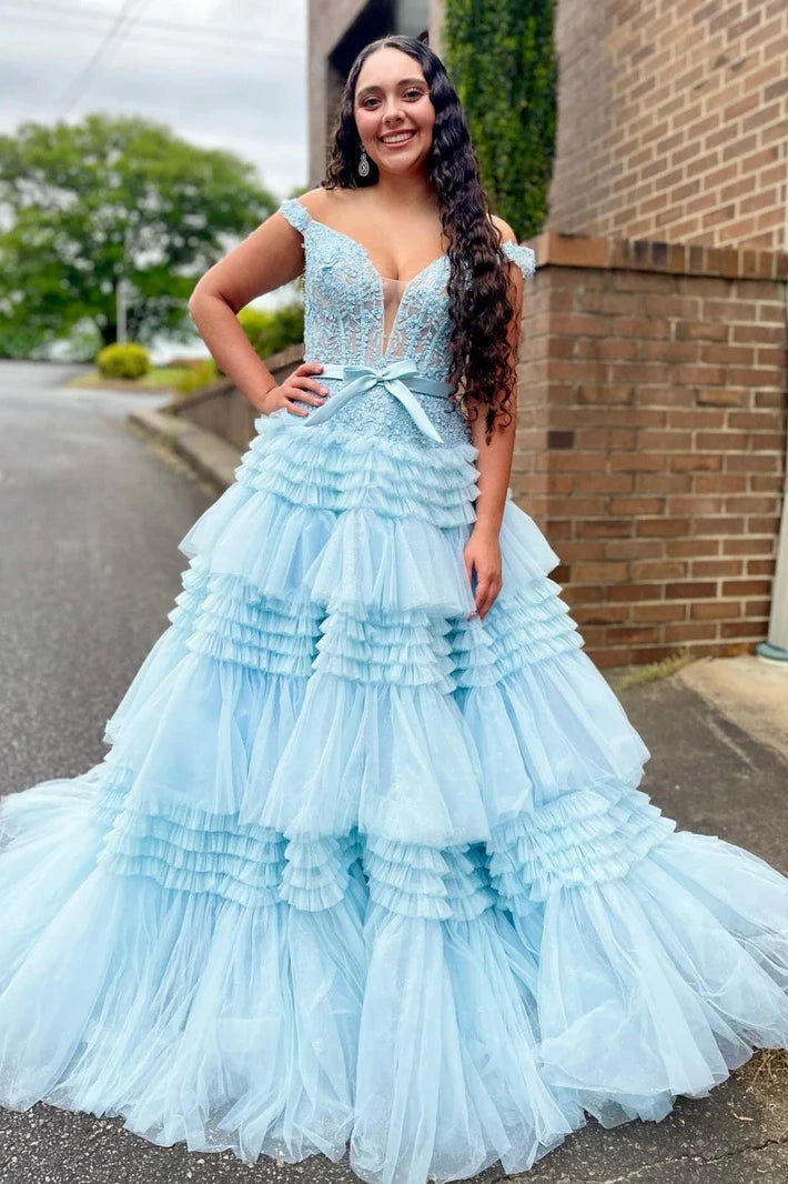 Epic Deals stylish party dressOff-Shoulder Tulle A-Line Empire Appliques Tiered Party Prom Dress