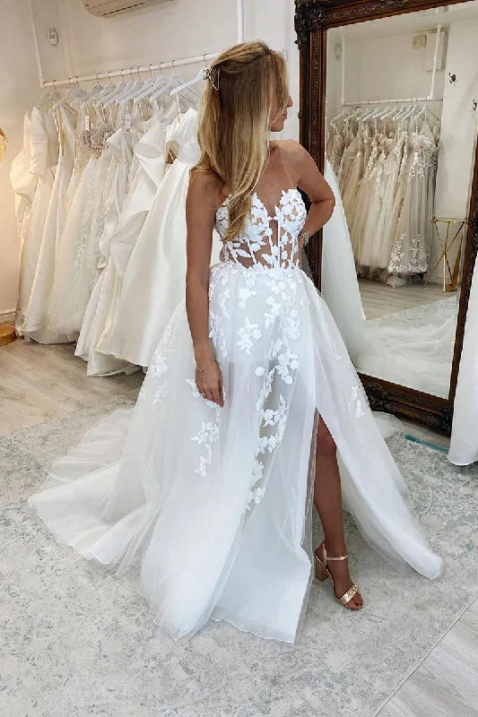 Shop and Save puff sleeve dressA Line Illusion V neck Lace Appliques Rustic Wedding Dress with Slit QW2142