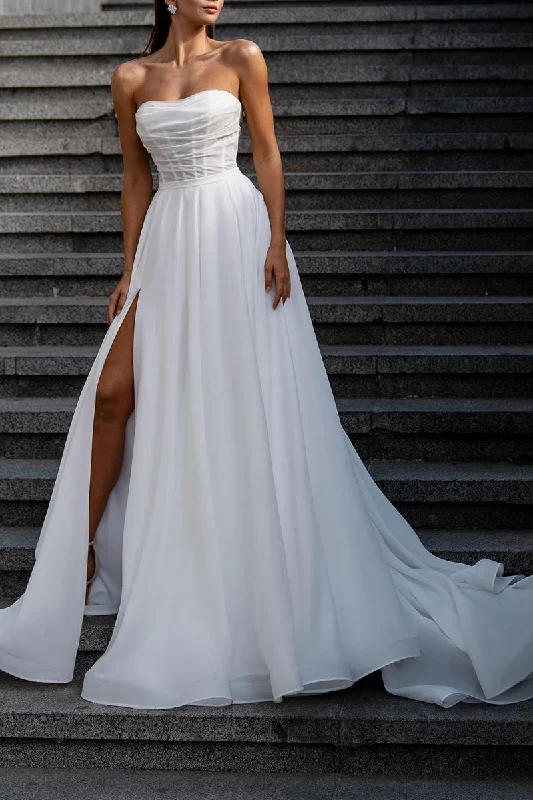 Price Reduction structured dressA Line Strapless Hall Casual Wedding Dress Pleats Split White Boho Bridal Gown QW2612