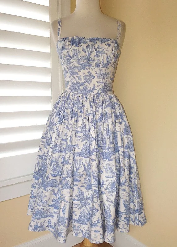 Early Bird Discount fitted cocktail dressVintage dress in blue and white "porcelain" print,short prom dress Y2818