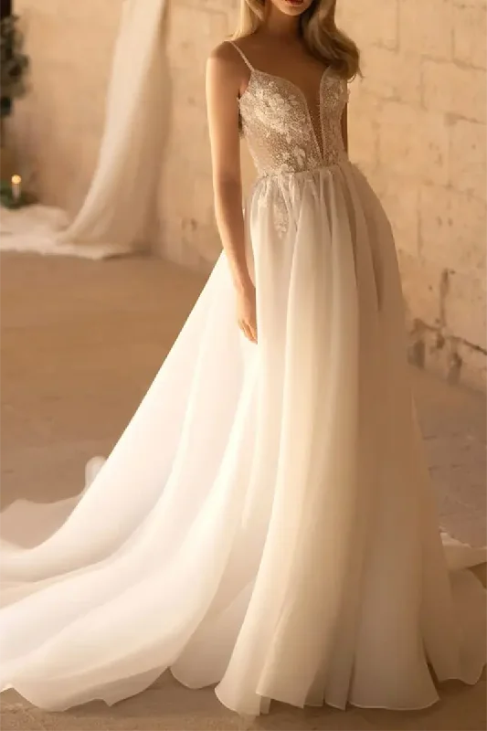Deal Alert bohemian dressA Line Illusion V Neck 3D Appliques Rustic Wedding Dress QW2091
