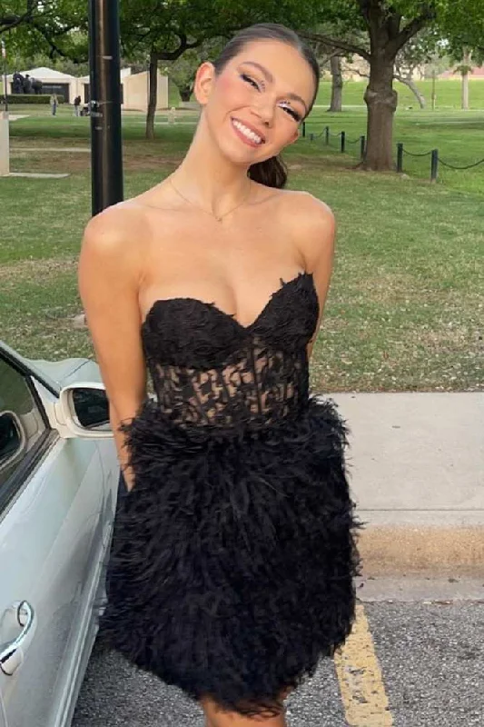 Extra Savings modern dressStrapless Black Short Homecoming Dress with Feather