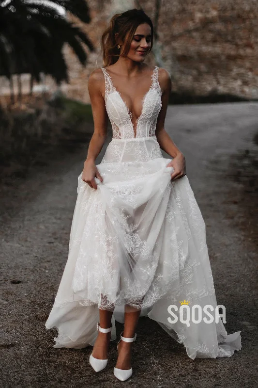 Fantastic Offers casual shift dressSexy V-neck Spaghetti Straps Lace Bohemian Wedding Dress with Sleeves QW2478