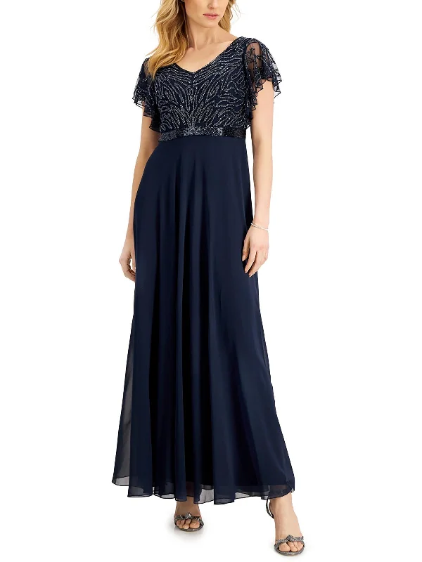 Price Break winter dressWomens Beaded Flutter Sleeve Evening Dress