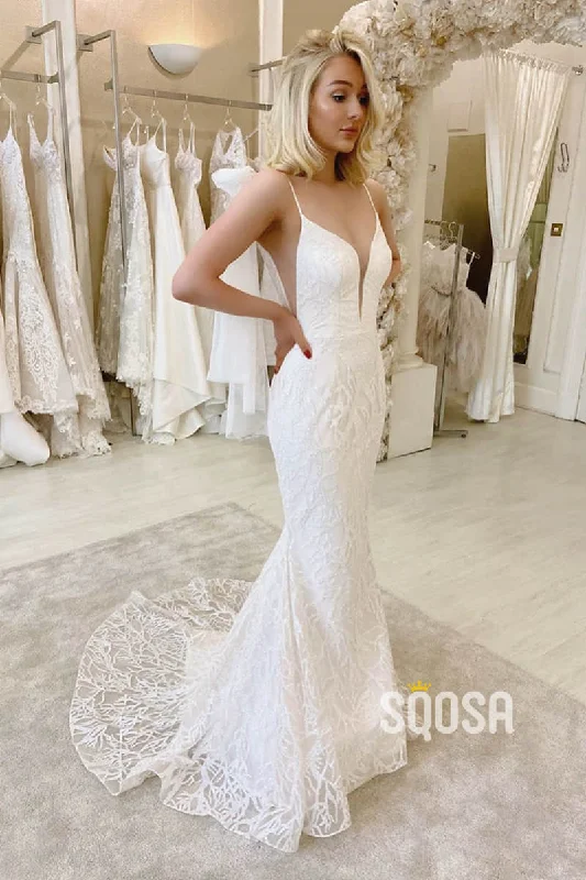 Bargain Prices lace dressMermaid/Trumpet Wedding Dress Spaghetti Straps V-neck Lace Wedding Gown QW2243
