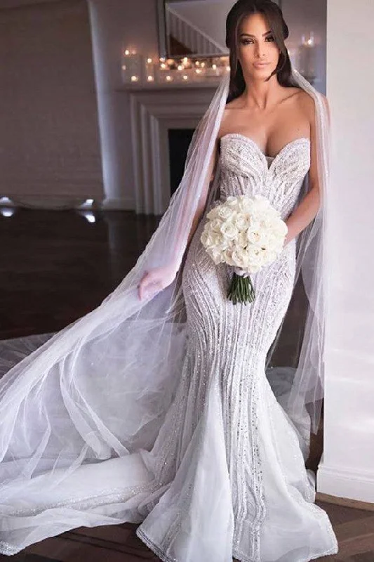 Best Bargains Strapless Sweetheart Beads Mermaid Wedding Dresses Appliques Tulle Bridal Gowns