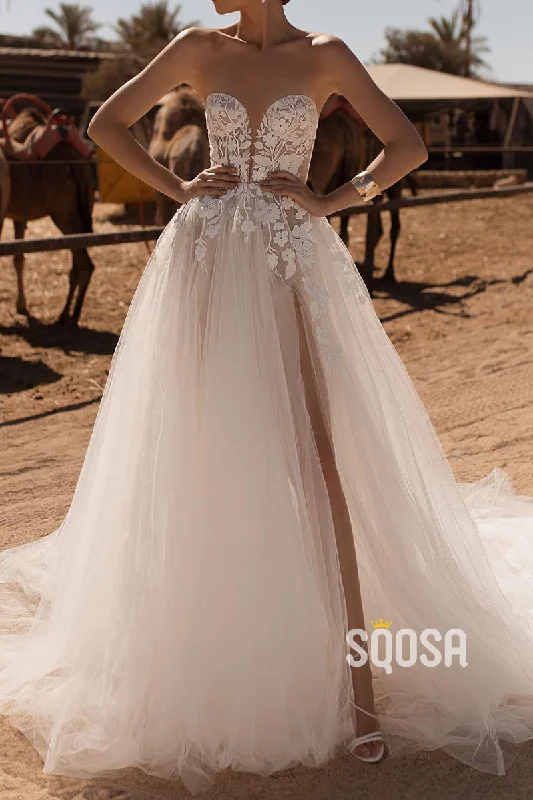 Act Fast summer floral dressSheer Tulle A-Line Sweetheart Lace Applique With Side Slit Wedding Dress QW8130