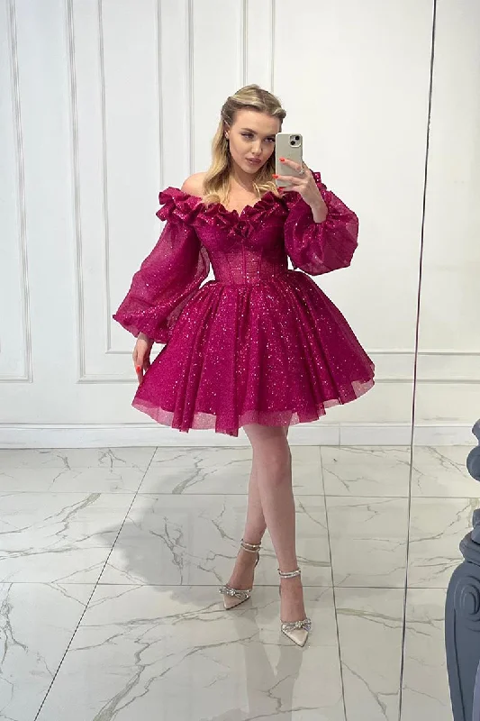 Savings Bonanza sleek dressA Line Strapless Long Sleeves Sparkly Short Prom Dress Fuchsia Homecoming Dress QH2492