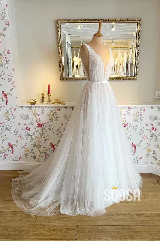 Online Specials formal dressA Line Sexy V neck Pearls Elegant Wedding Dress QW2691