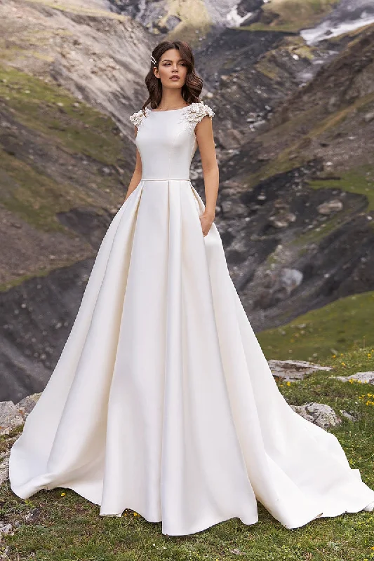 Mega Sale flowy evening dressA Line Scoop Cap Sleeves Beads Satin Rustic Wedding Dress with Court Train QW2115