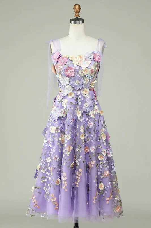 Don't Wait sleek dressA Line Spaghetti Straps Lavender Tea Length Prom Dress With 3D Flowers Y4042