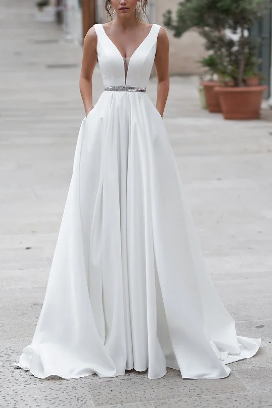 Doorbuster Deal pleated dressA Line Deep V neck Satin Wedding Dress with Pockets Court Train Simple Bridal Gown QW2270