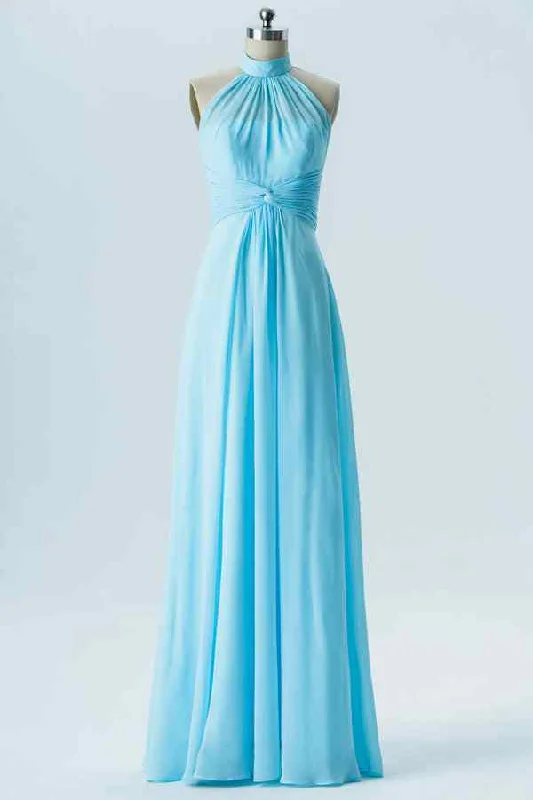 Exclusive Savings long-sleeve floral dressBlue A-line Halter Twisted Knot Chiffon Long Bridesmaid Dress with Buttons
