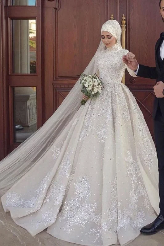 Limited Time Offer A line Ball Gown Sequins Long Sleeves Highneck Wedding Gown
