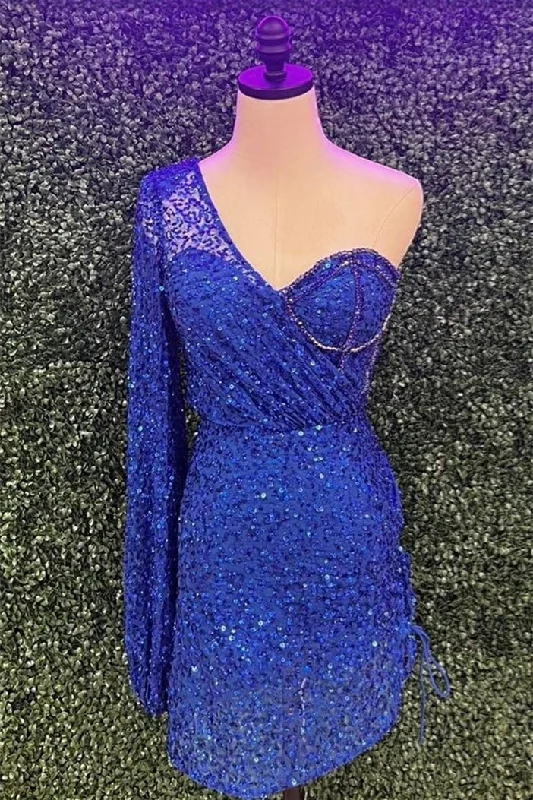 Value Deals knit dressRoyal Blue One Shoulder Long Sleeve Sequins Sheath Homecoming Dress